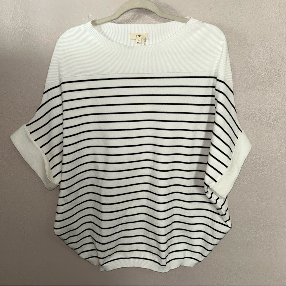 NAUTICAL White Crewneck Sweater short sleeve  with Black Stripes